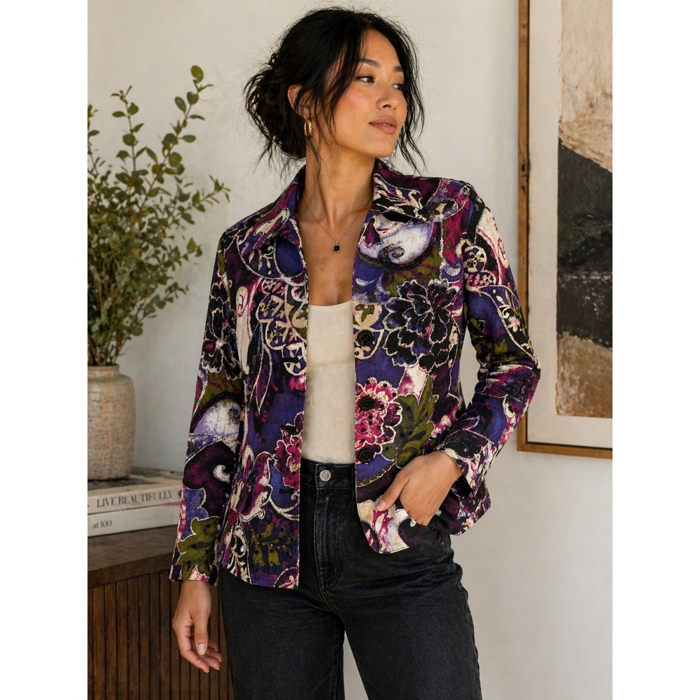 Chicos Womens Purple Floral Sequin Beaded Cotton Blazer Jacket Size 1 M 8 10
